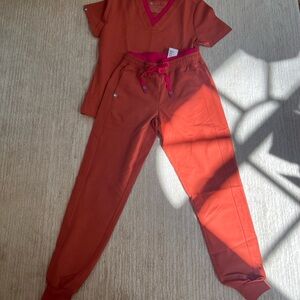 FIGS Auburn colored scrubs with pink detail. XXS.